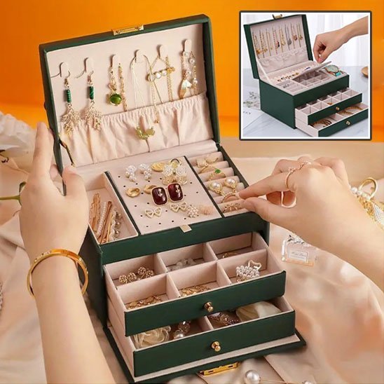 Boite à bijoux en vert à multiples compartiments