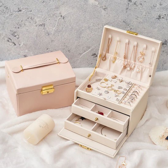 Boite à bijoux rose à compartiments multiples 